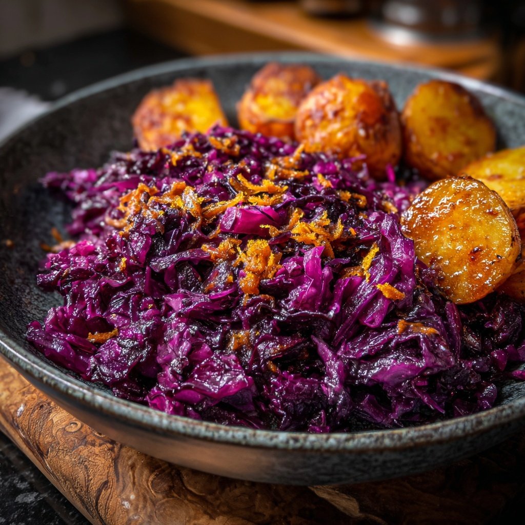 Rotkohl, Spekulatius-Soße und karamellisierten Kartoffeln