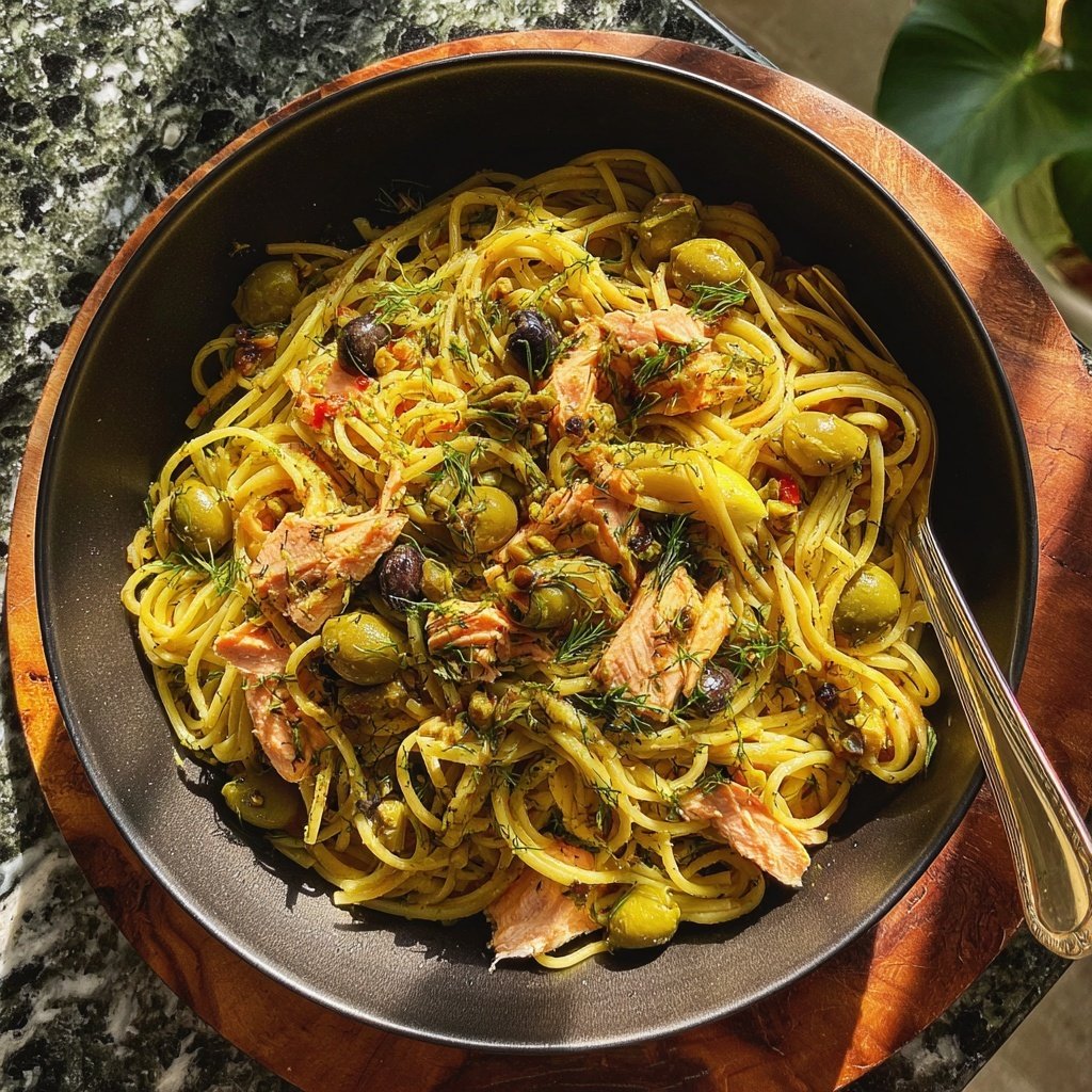 Lemon Salmon Pasta with Olives