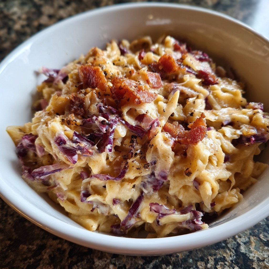 Rotkohl-Spätzle-Auflauf mit Speck