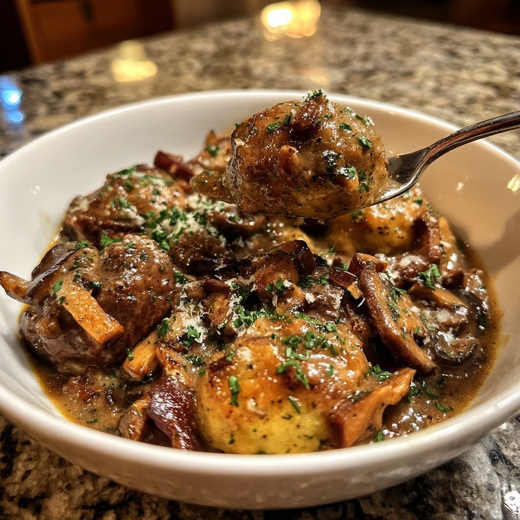 Pilz-Maronen Ragout mit Ofenknödeln und Rotkraut