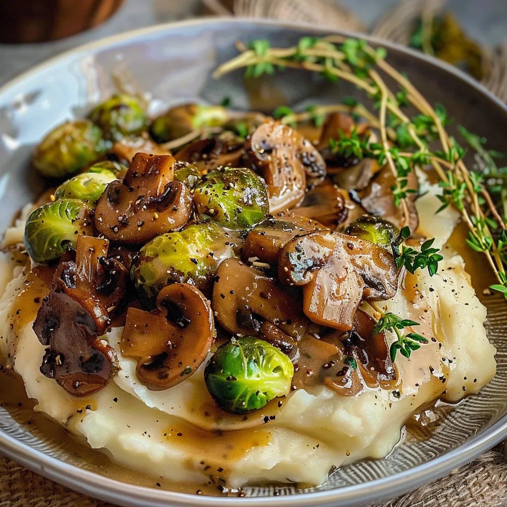 Pilzpfanne Rosenkohl Kartoffelpüree